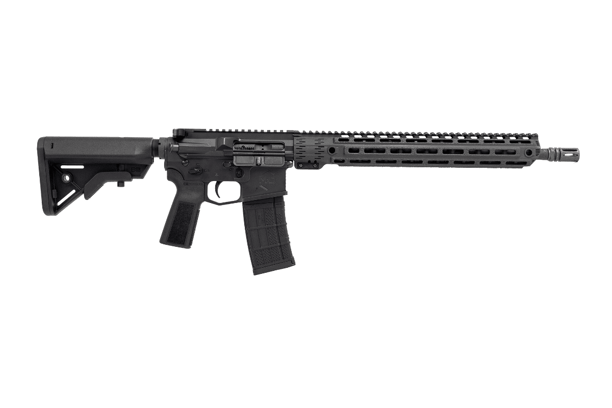 Mitchell Defense DOC MD15 16-inch rifle with black DualCool handguard, B5 stock, and black magazine on a white background.